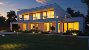 modernes einfamilienhaus abends beleuchtet